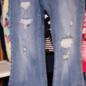 Trendy Distressed Blue Flare Jeans
